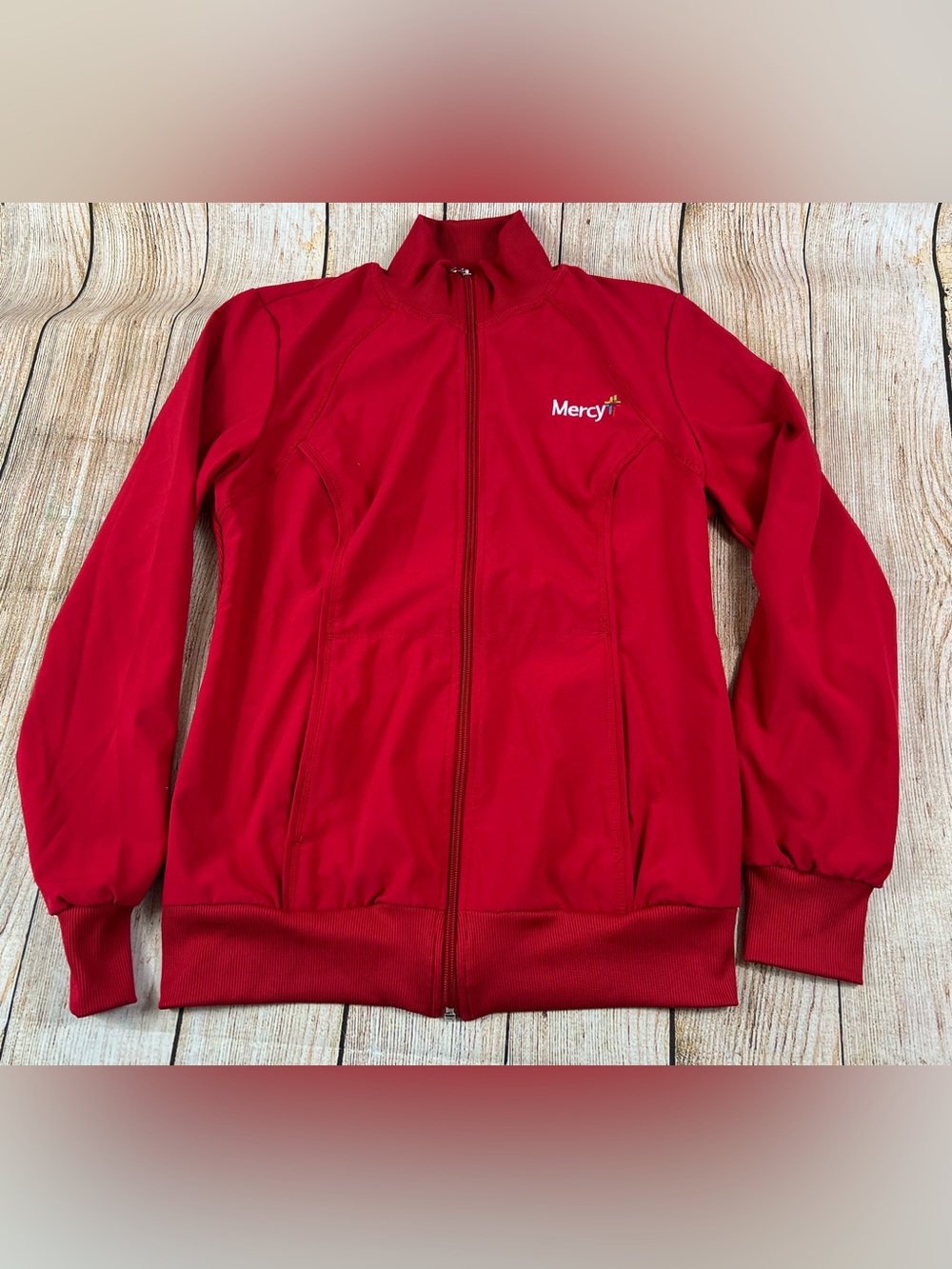 Cherokee Infinity Red Mercy Hospital Scrub Work Uniform Full Zip Jacket Small